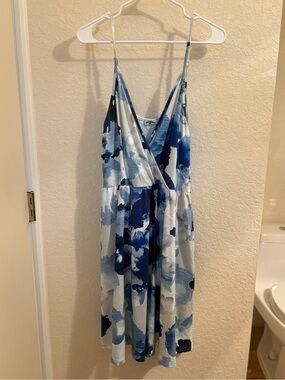 Blue Watercolor-Print Mini Dress with V-Neck and Spaghetti Straps